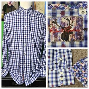 Robert Graham Mens Classic Fit Medium Plaid Shirt Bears Chairs Collectors